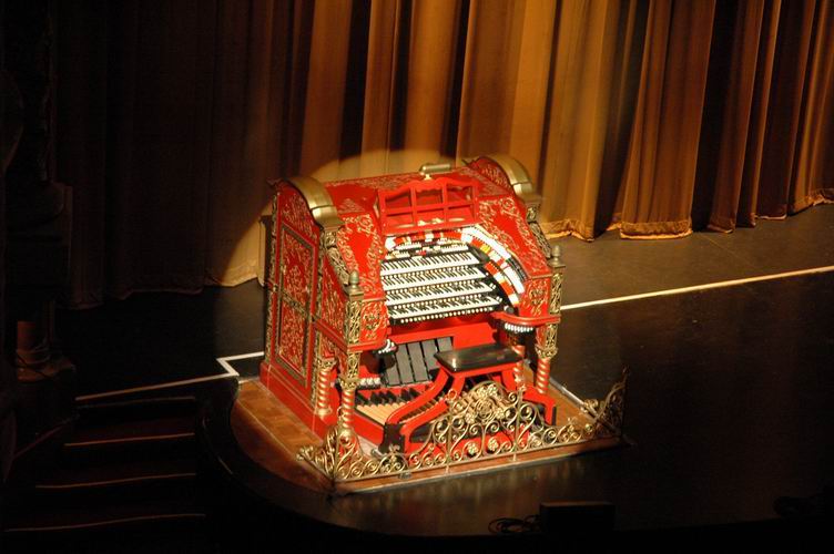 The organ console as seen from the theatre's balcony.