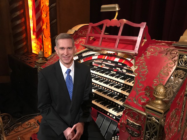 Organist Stuart Thompson at the Alabama Wurlitzer.
