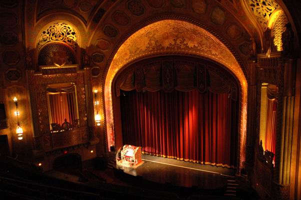 The organ console as seen from the theatre's upper balcony.