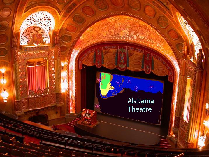 The organ console as seen from the theatre's upper balcony, before a movie.