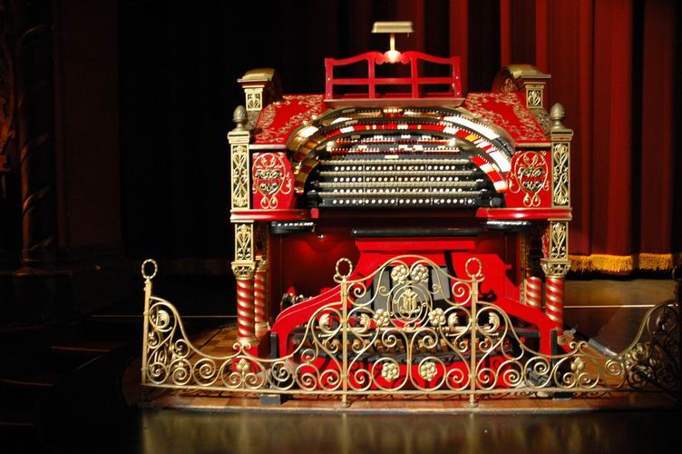 Front view of the organ console, in the full up position.