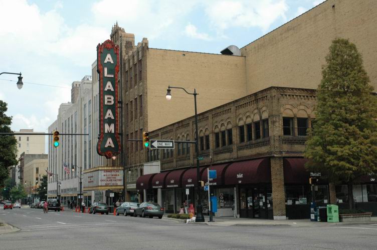 The exterior and marquee of the Alabama Theatre during the day.
