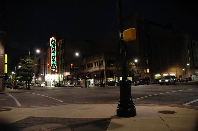 The exterior and marquee of the Alabama Theatre at night.