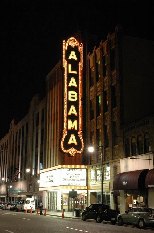 Alabama Theatre exterior and marquee at night.