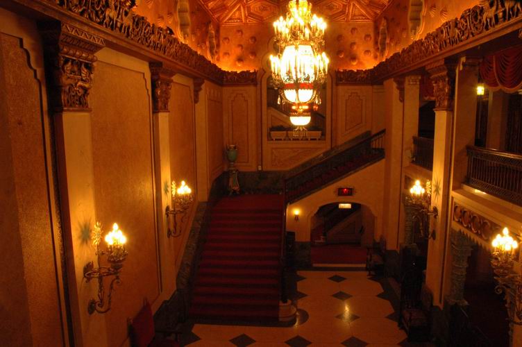 Lobby and stairs to the mezzanine of the Alabama Theatre.