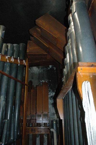 Looking up at the mitered tops of the large scale 16-foot Diaphone.