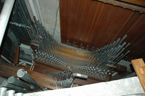 Looking over and down from the upper level at the original five rank chest.